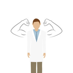 male doctor with drawn muscular arms on white background vector illustration EPS10