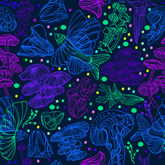 Fototapeta na wymiar Vector seamless colorful pattern with bioluminescent fish and mushrooms or fungi in dark tones. The design is perfect for wallpaper, clothes, 