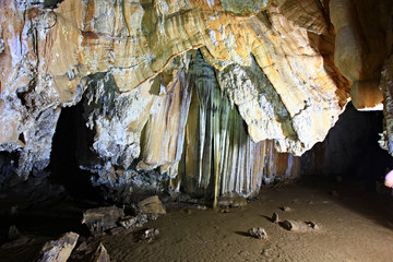 Pakarang Cave (Coral Cave) is located in Khao Sok National Park. The stalagmites have a similar shape to coral in  Surat Thani, Thailand