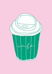 Coffee to go paper cup illustration. Simple cafe colorful line art