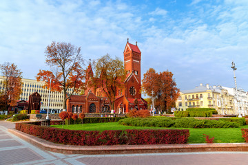 Obraz premium Minsk,the capital of republic of Belarus. View roman catholic church of Saints Simon and Helen, Red church.