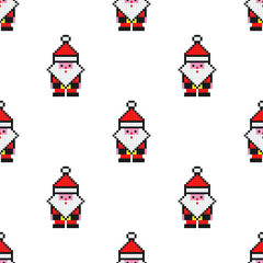 Pixel art vector seamless pattern, illustration of Santa Claus on white background.