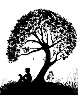 best place to read concept, boy reading under the big tree, park scene in black and white, childhood memories, shadow story,