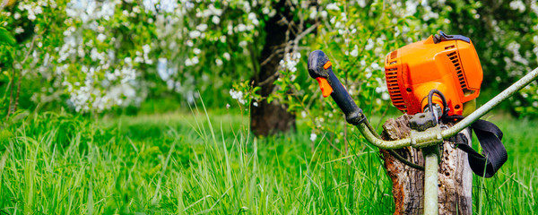 Petrol trimmer on a green lawn against the background of a blooming garden