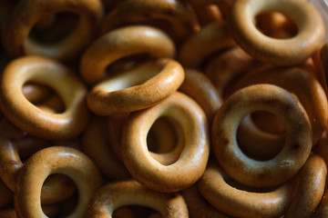 Dry bagels baranka closeup blurred background