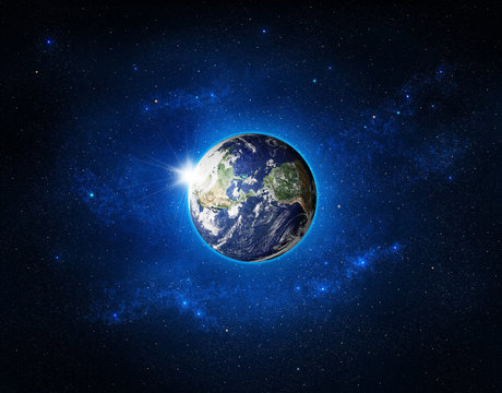 Blue shining space around planet Earth. Background with stars and planet, cosmos. High resolution illustration. This image elements furnished by NASA. © Julia