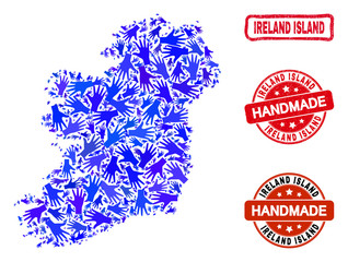 Vector handmade collage of Ireland Island map and rubber stamp seals. Mosaic Ireland Island map is designed of scattered blue hands. Rounded and rough red seals with grunge rubber texture.