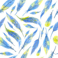 Watercolor seamless boho pattern with feathers. Hand Drawn Illustration on white background.