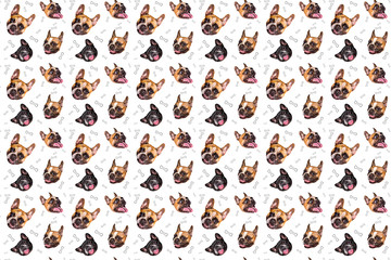 set of cute little dog French bulldog. Funny collection head pattern of different happy puppy, isolated for print.