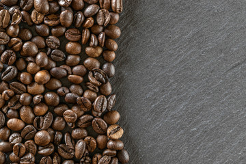 Cup coffee drink espresso background. Dark beans for black caffeine breakfast in cafe food. Brown roasted coffee seeds isolated for energy mocha, cappuccino ingredient. Copy space, top view