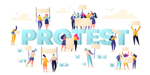 Group of male and female protesters, activists. Flat vector illustration with crowd of protesting people holding banners and placards. Men and women characters on political meeting, parade or rally. 