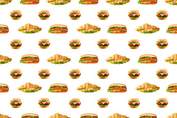 Burger, hotdog, sandwich seamless continuous Pattern Background Design. fast food, Isolated on White Background