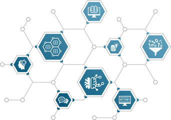 artificial intelligence vector illustration. Conept with connected icons related to ai, machine learning, neural network or software interface.