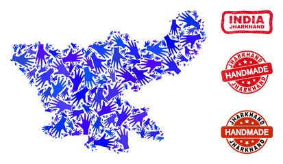Obraz premium Vector handmade collage of Jharkhand State map and rubber stamp seals. Mosaic Jharkhand State map is created of scattered blue hands. Rounded and rough red seals with scratched rubber texture.