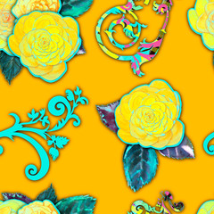 Watercolor flowers and ornate patterns. Modern baroque. Seamless pattern.Design for wallpaper, textile, fabric, background, covers, packaging, wrapping paper.