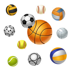 Sports icons. Balls of different sports. Football, basketball, baseball, volleyball, golf. Icon set. Vector isolated illustration.