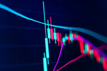 Closeup of financial chart in stock market on blue color monitor background. Downtrend line candlestick graph in stock market. Concept of financial trade, stock market and exchange.