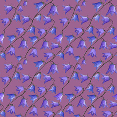 seamless pattern with bellflowers campanula flowers on violet background. Floral background in gouache. Holidays presents and gifts wrapping paper For textiles,packaging,fabric,wallpaper.