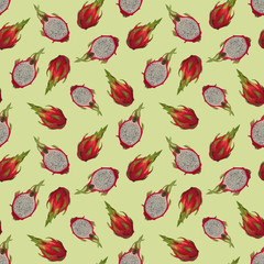 Seamless pattern with dragon fruits, pitaya on pale background. Hand drawn gouache illustration in watercolor style for romantic cover, tropical wallpaper, restaurant menu, packaging, textile.