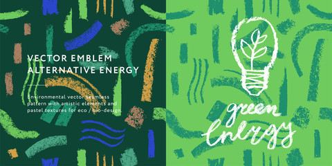 Green energy icon in hand-drawn style on abstract seamless pattern background. Vector creative illustration of Alternative energy concept. Renewable energy logo. Environmental texture for eco banner.
