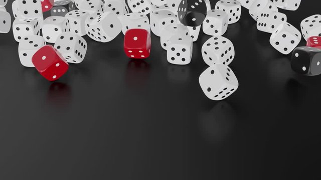 Heap of dices falling to the black table. Gambling and casino concept. 3D rendering footage.
