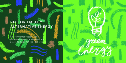 Fototapeta premium Green energy icon in hand-drawn style on abstract seamless pattern background. Vector creative illustration of Alternative energy concept. Renewable energy logo. Environmental texture for eco banner.