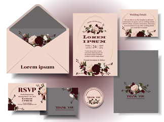 Vintage wedding invitation card set, nude-gray tone, vintage style With flowers and berries written around the card .rsvp . Envelopes. Decorated in sets. Illustration/Vector