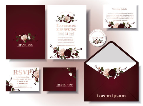 Wedding invitation card set, pattern decorated with burgundy red flowers and Old Rose color. rsvp. envelope. Illustration/Vector