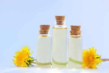 dandelion essential oil in  beautiful bottle on White background