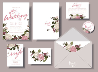 Wedding invitation card set in bright pink tones, featuring flowers and berries, written in a frame .rsvp . Envelopes. Decorated in sets. Illustration/Vector