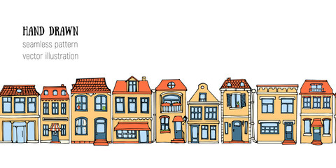 Horizontal seamless pattern hand drawn European city houses. Cute cartoon style vector illustration. Colorful modern townhouse building sketch. City buildings, Doodle decorative elements collection.