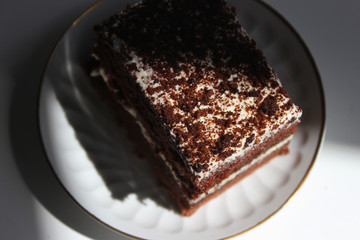 A slice of chocolate cake with white cream with a curl on a light background.