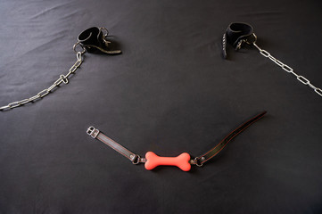 A bone-shaped gag and leather handcuffs with chains on a gray sheet. BDSM concept. Role-playing...