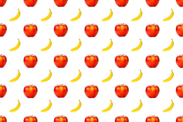 Seamless continuous yellow banana and red apples pattern design, isolated on white background