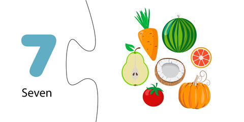 number 7 and seven fruits and vegetables. Learning bills for children. Educational card, worksheet for preschoolers. Elementary mathematics. Puzzle game, connect halves
