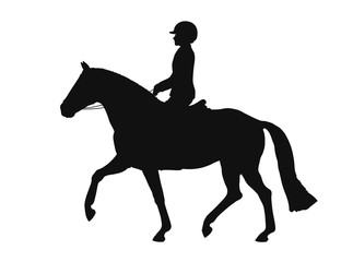 Silhouette of a sport riding pony and young athlete trotting