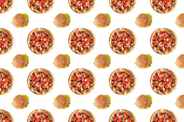 Doodle pizza seamless pattern background. Fast food seamless pattern.