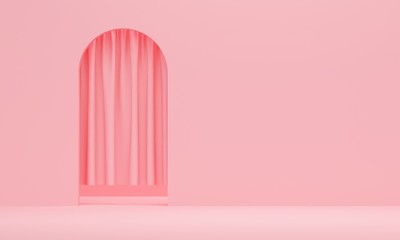 Pink abstract background with entrance arch and curtain. 3d rendering