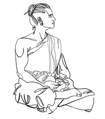 Buddhist monk is praying. Monk in prayer. One line drawing. Stylish print. Yoga, mantras, meditation.