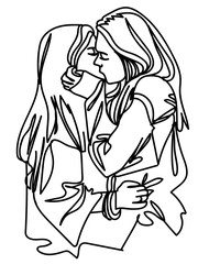 Two girls kiss each other. One line drawing. Stylish print, free love.