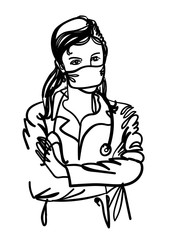 Female doctor in a protective mask. One line drawing. The doctor in a protective suit.