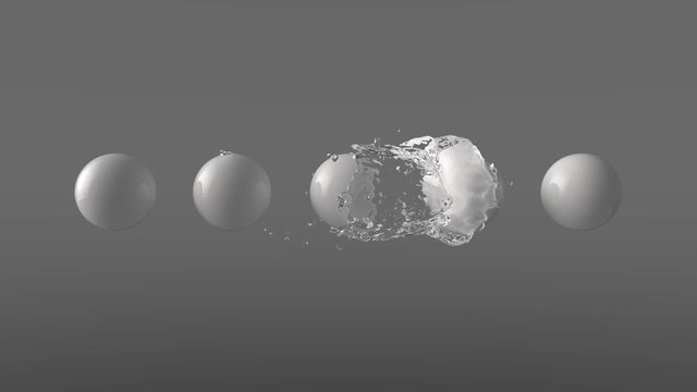 Water orb envelops white spheres. Water beautifully wraps around white spheres in sequence. Amazing abstract aqua liquid fluid background. Isolated seamlessly looped video - use luma matte