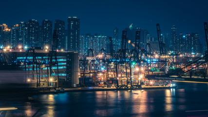 Naklejka premium Night View Of Hong Kong Sea Port 
