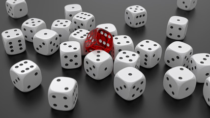 Many white dices and one transparent red are lying in the black table. Casino and gambling backgroung concept. 3D rendering image.