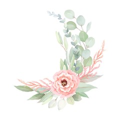 Floral decorative tender design with flower rose and astilbe blush color and green branches of leaves. Vector illustration in vintage watercolor style for invitation card, wedding, greeting, decor.