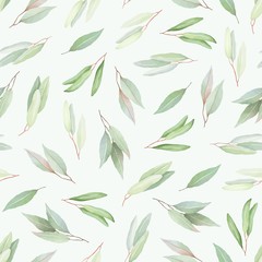 Foliage pattern with scattered abstract green leaves. Vector floral illustration in vintage watercolor style.