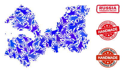 Vector handmade composition of Leningrad Region map and corroded watermarks. Mosaic Leningrad Region map is done of randomized blue hands.