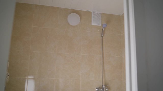 Shower in the bathroom. Luxurious fully tiled shower with hand shower.