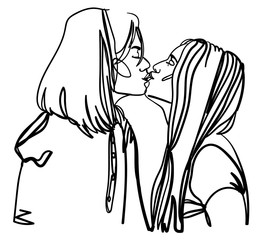 Two girls kiss each other. One line drawing. Stylish print, free love.