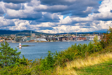 Panoramic view of metropolitan Oslo city center, Norway, seen from Hovedoya island on Oslofjord harbor